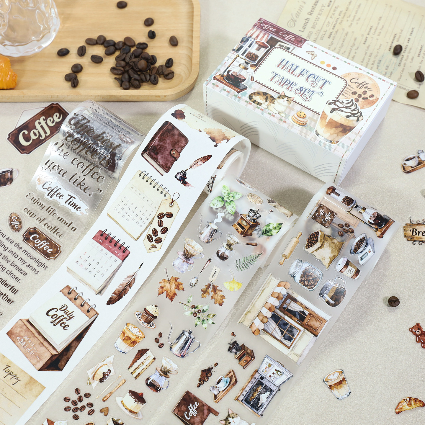 4-roll/set Coffee Roasting Cats Vintage PET tape set Multiple Designs