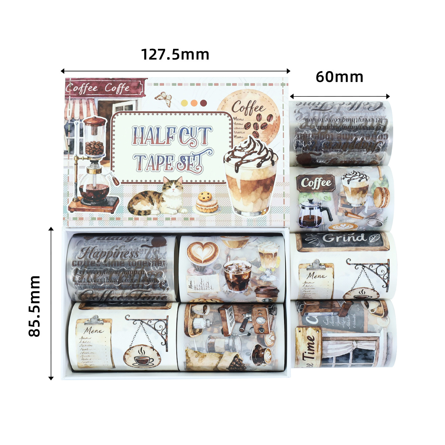 4-roll/set Coffee Roasting Cats Vintage PET tape set Multiple Designs