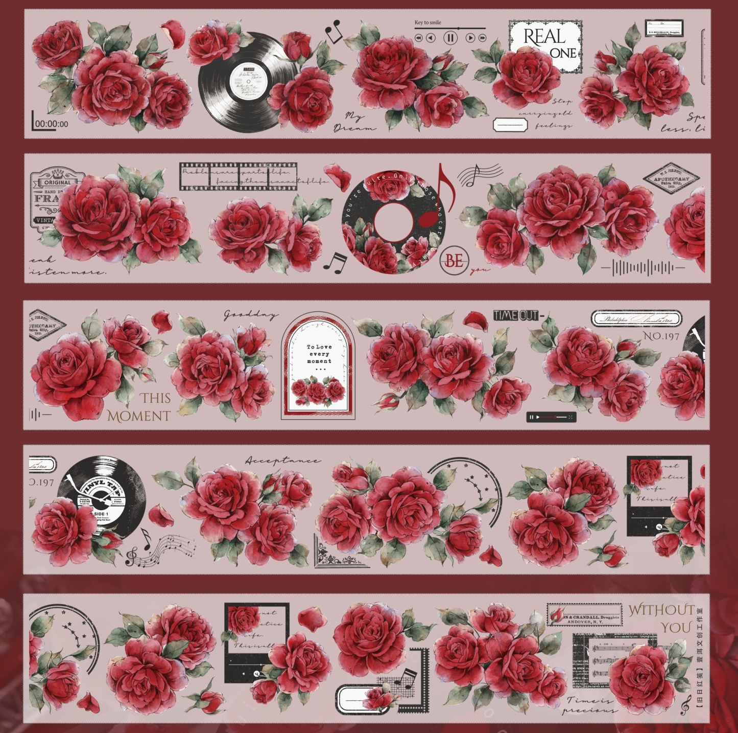 YIER Studio  Red Roses Washi PET Tape 2.36*236.22 inch