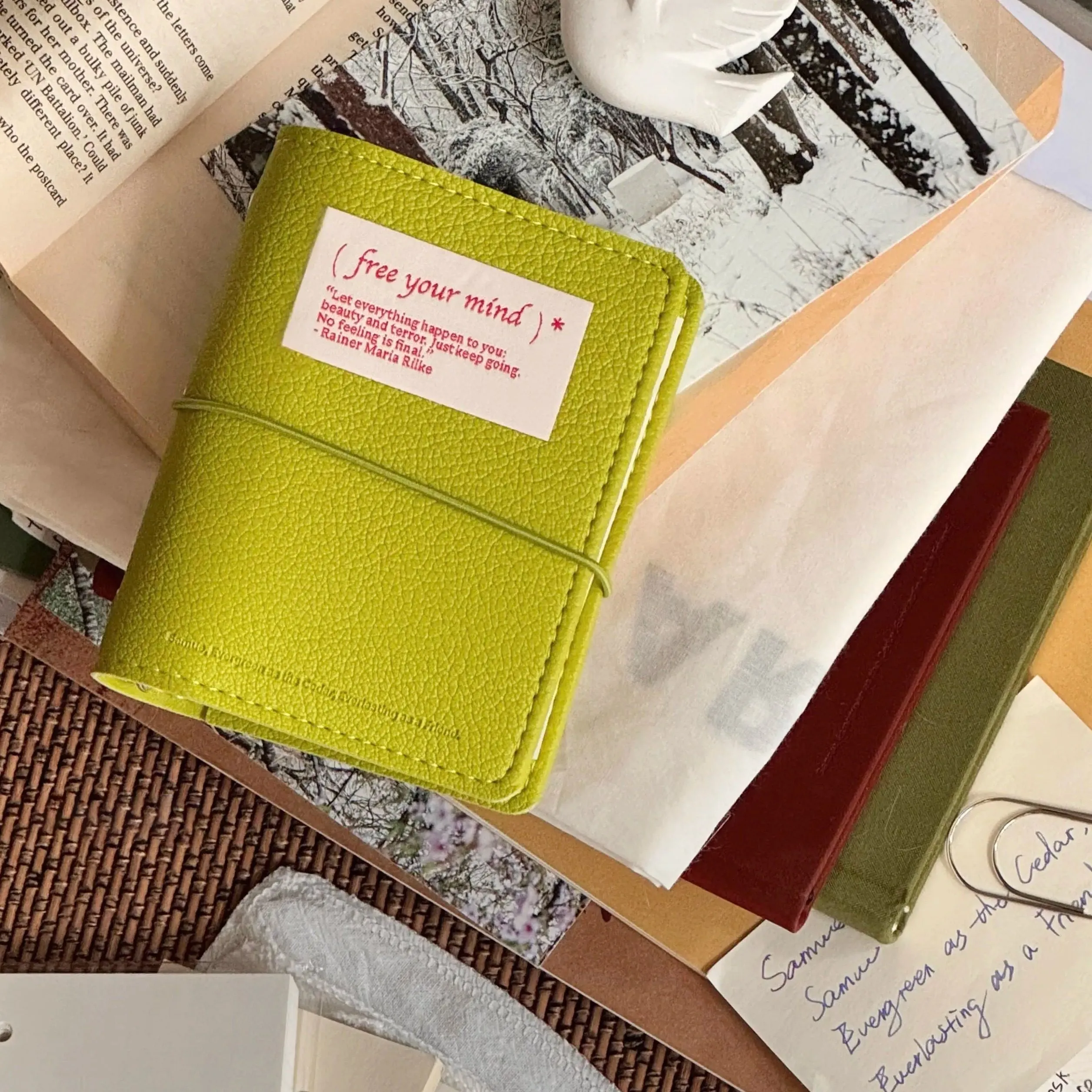 Minimalist M5 Leather Journal with Fabric Label | Colorful Collage Pocket Notebook, 60 Blank Sheets