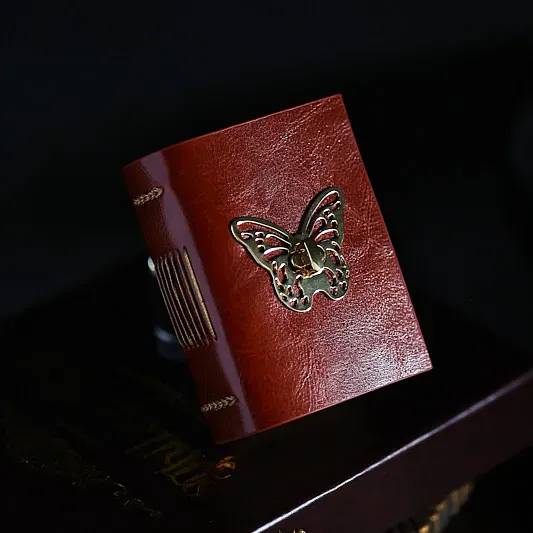 Vintage Handmade A7 Butterfly Leather Journal | Genuine Cowhide Collage Notebook with Blank Kraft Pages