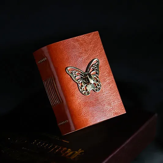Vintage Handmade A7 Butterfly Leather Journal | Genuine Cowhide Collage Notebook with Blank Kraft Pages