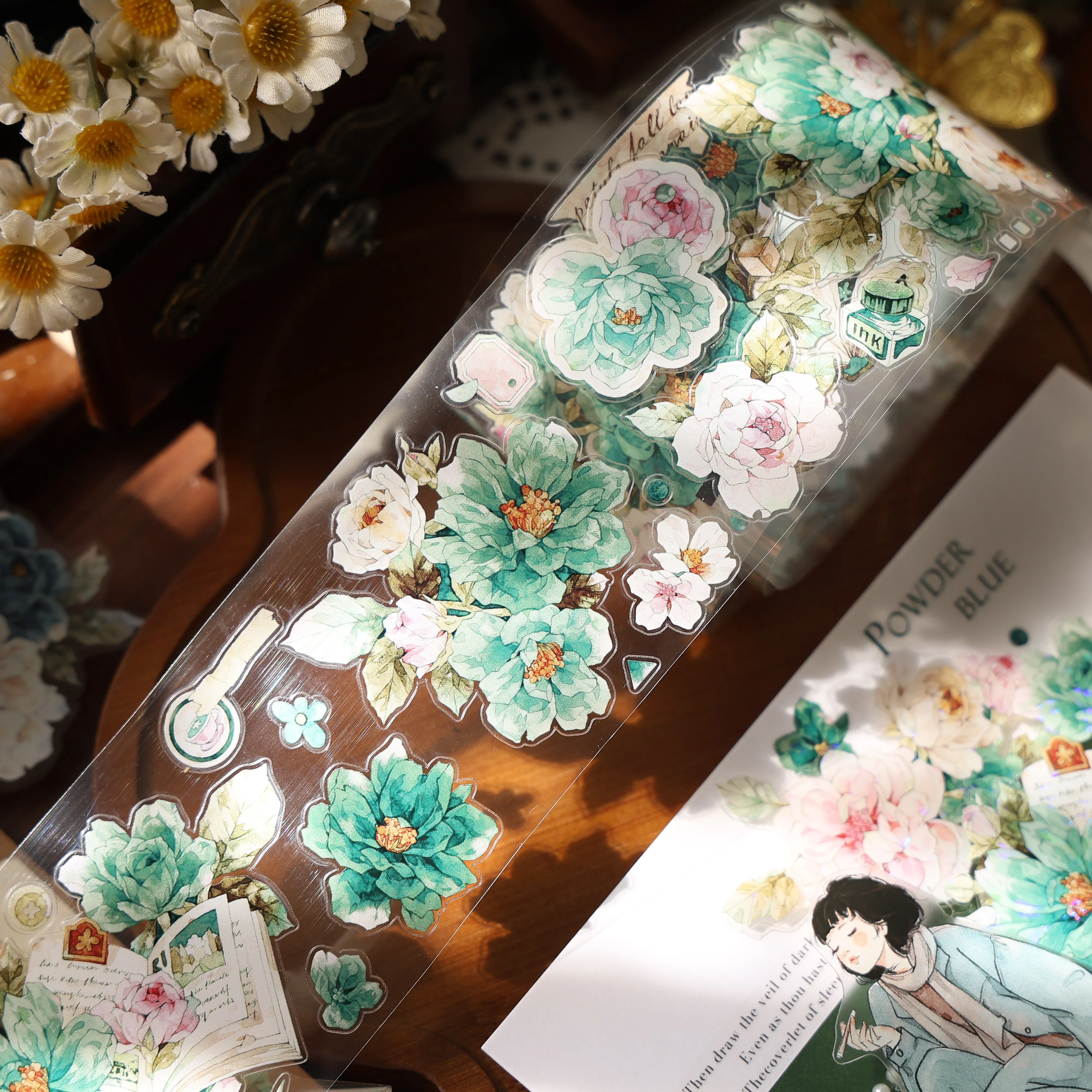 YIER Studio Blue green flowers PET Washi Tape 2.17*196.85 inch