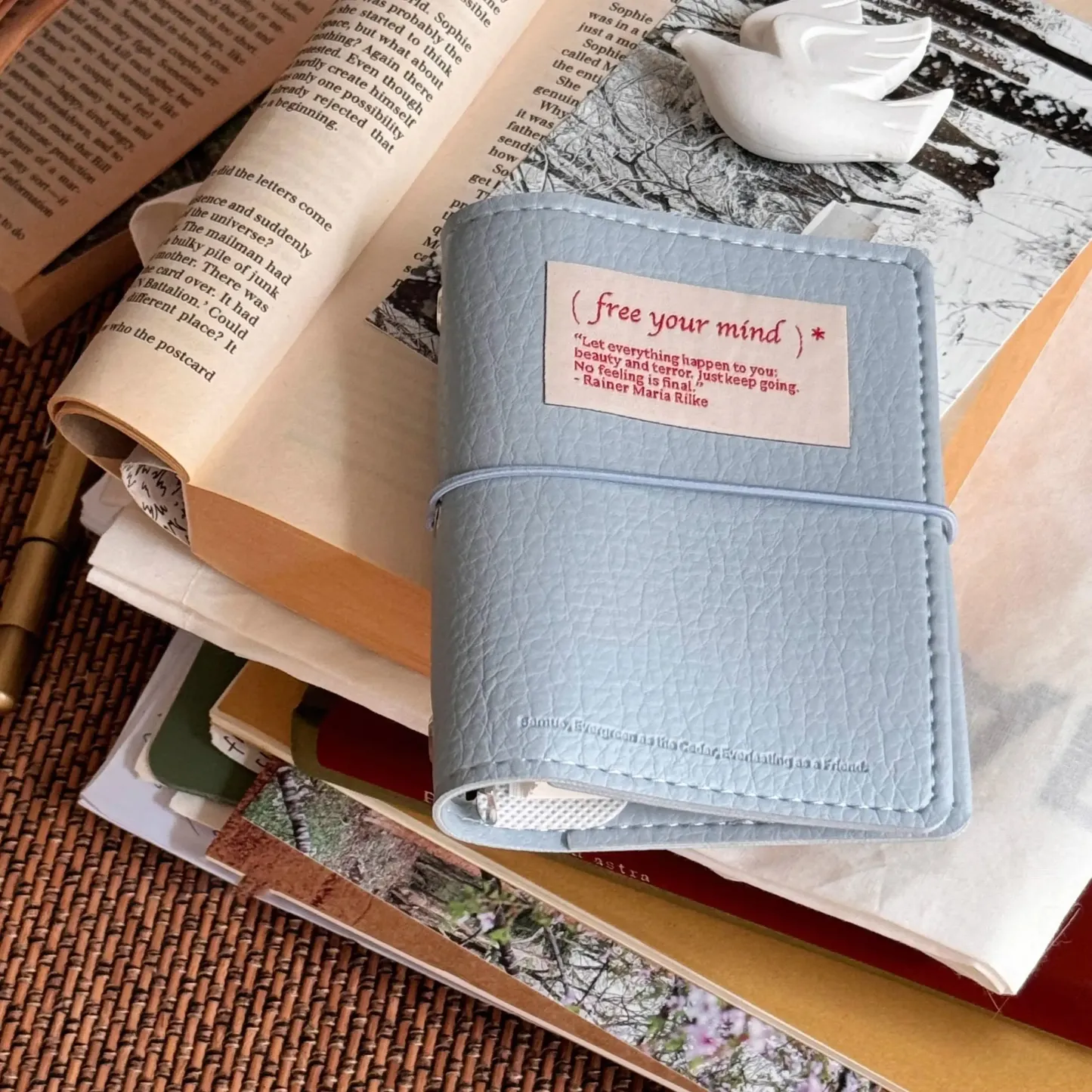 Minimalist M5 Leather Journal with Fabric Label | Colorful Collage Pocket Notebook, 60 Blank Sheets