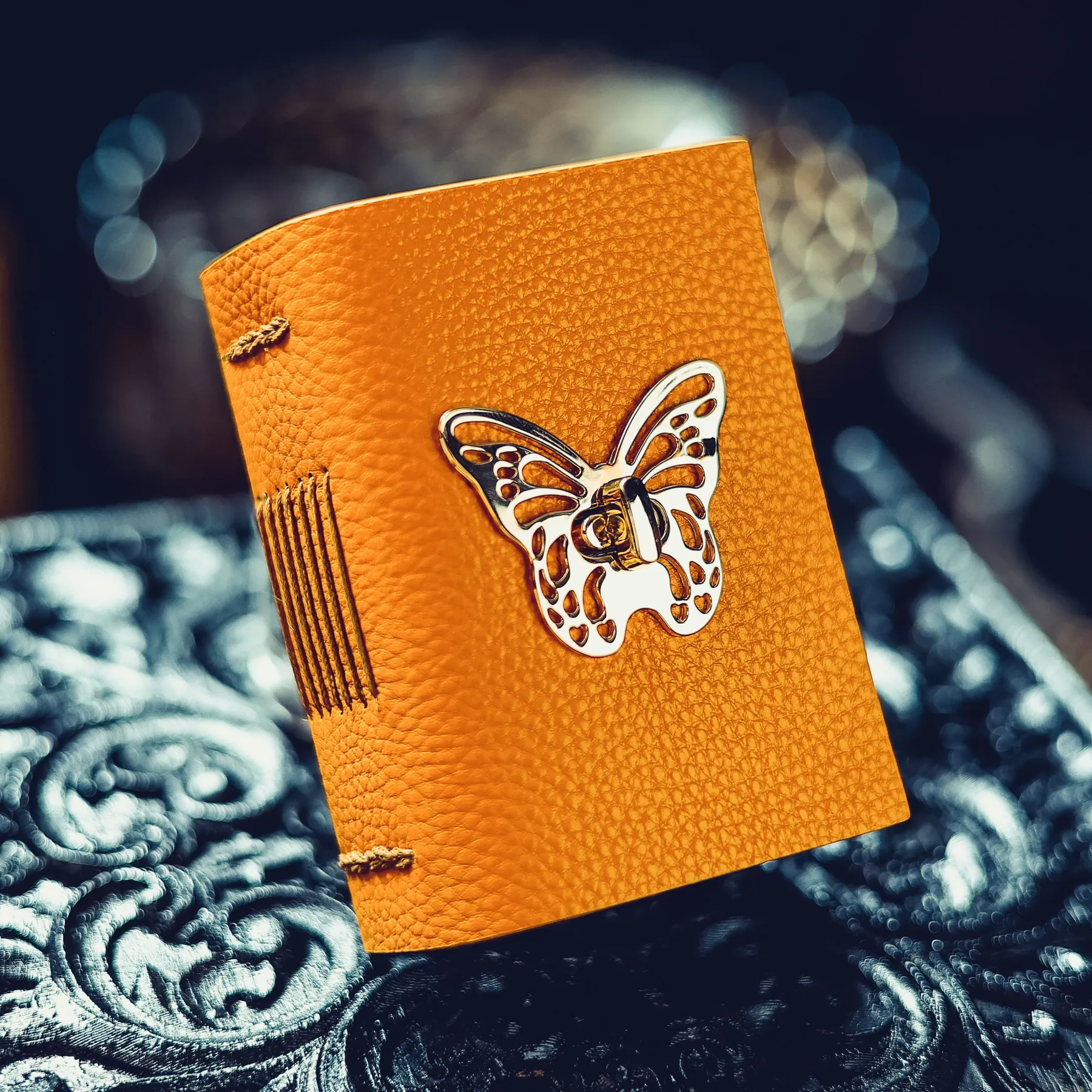 Vintage Handmade A7 Butterfly Leather Journal | Genuine Cowhide Collage Notebook with Blank Kraft Pages