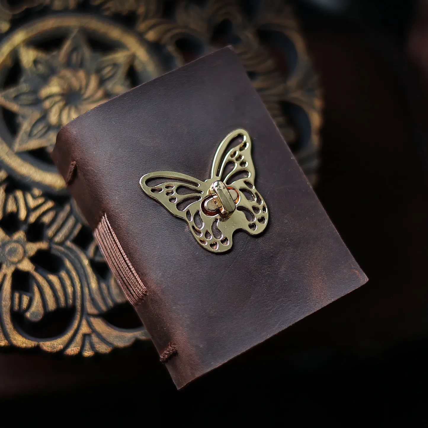 Vintage Handmade A7 Butterfly Leather Journal | Genuine Cowhide Collage Notebook with Blank Kraft Pages