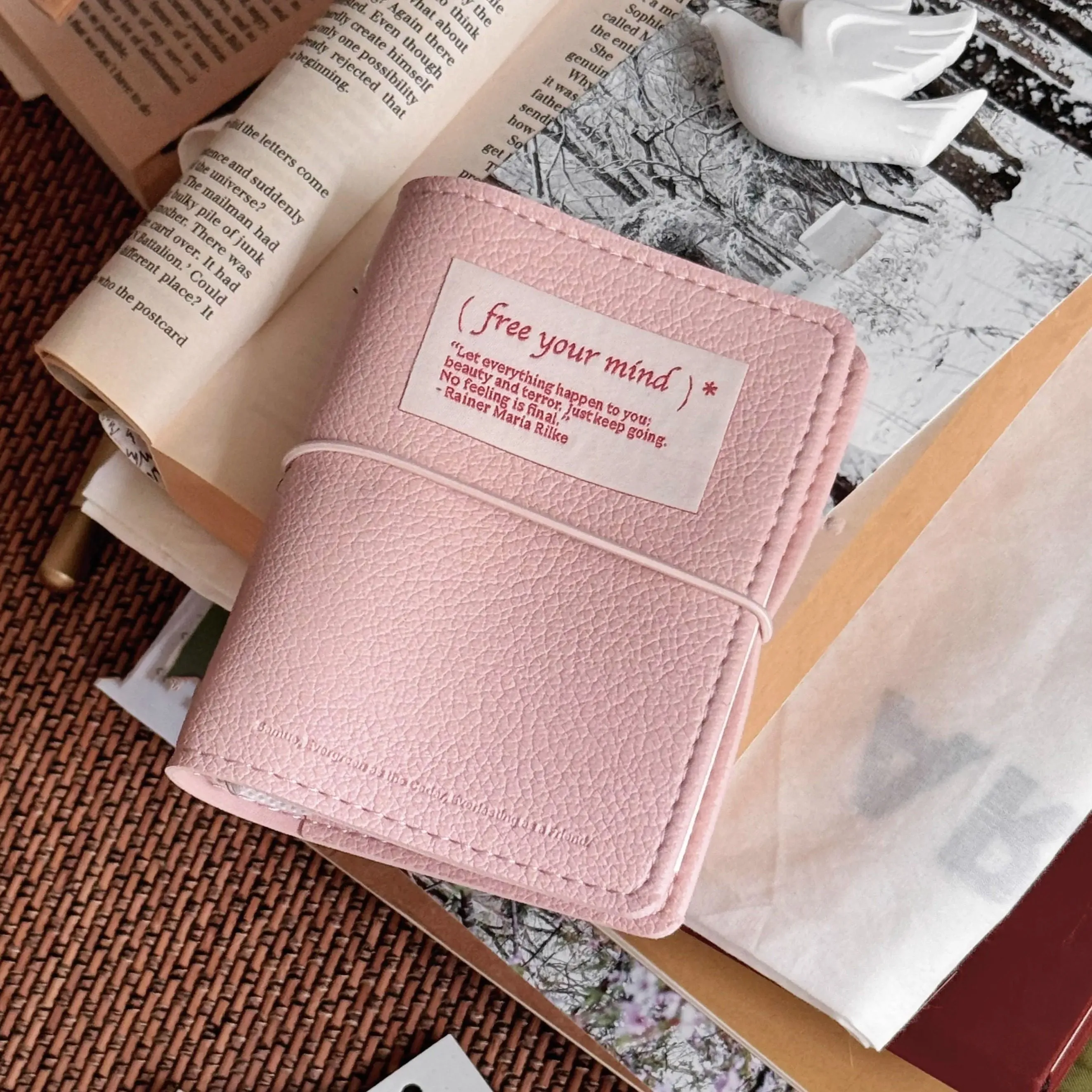 Minimalist M5 Leather Journal with Fabric Label | Colorful Collage Pocket Notebook, 60 Blank Sheets