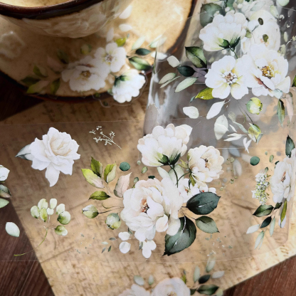 YIER Studio Beautiful White Rose PET Washi Tape 2.36 inches * 236.22 inches