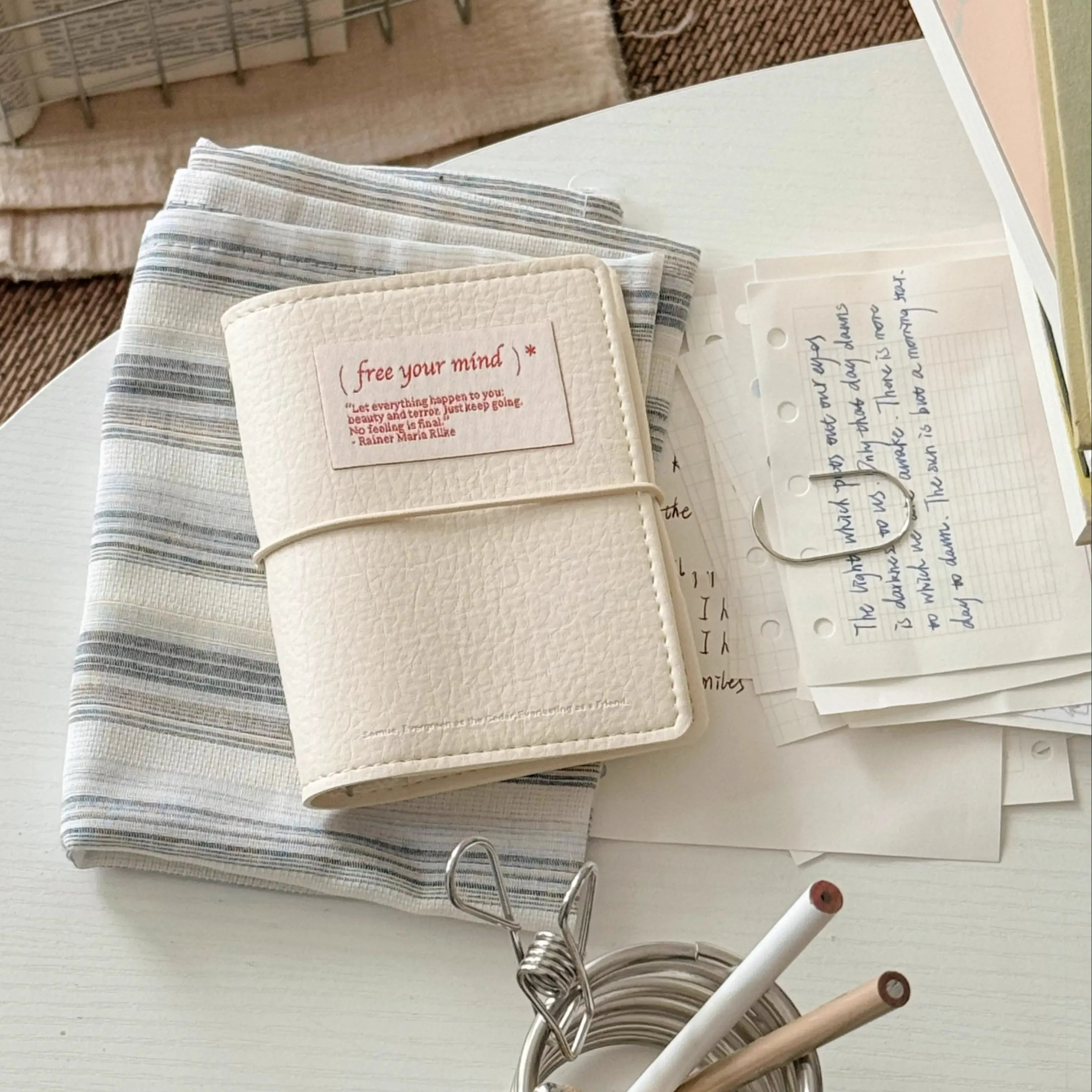 Minimalist M5 Leather Journal with Fabric Label | Colorful Collage Pocket Notebook, 60 Blank Sheets