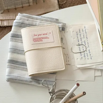 Minimalist M5 Leather Journal with Fabric Label | Colorful Collage Pocket Notebook, 60 Blank Sheets