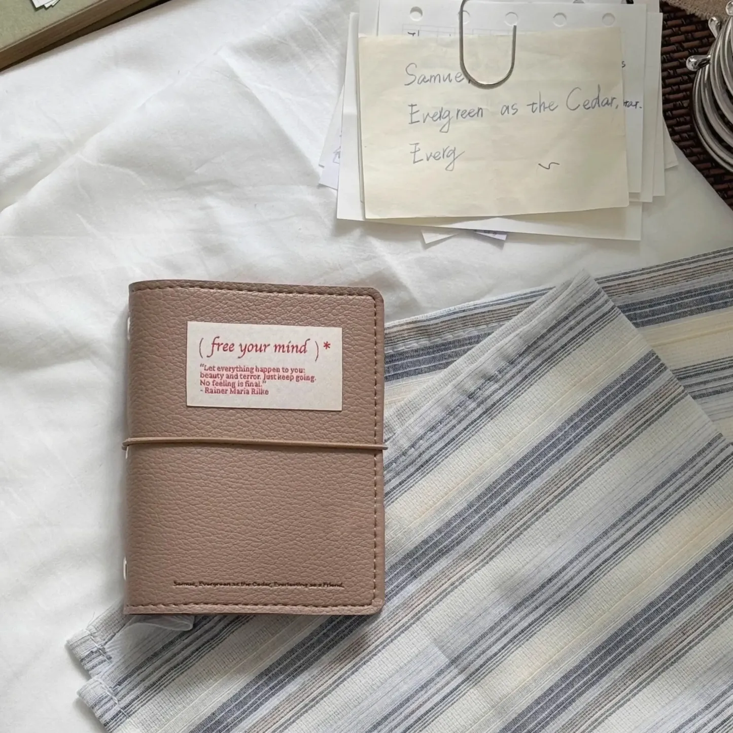 Minimalist M5 Leather Journal with Fabric Label | Colorful Collage Pocket Notebook, 60 Blank Sheets