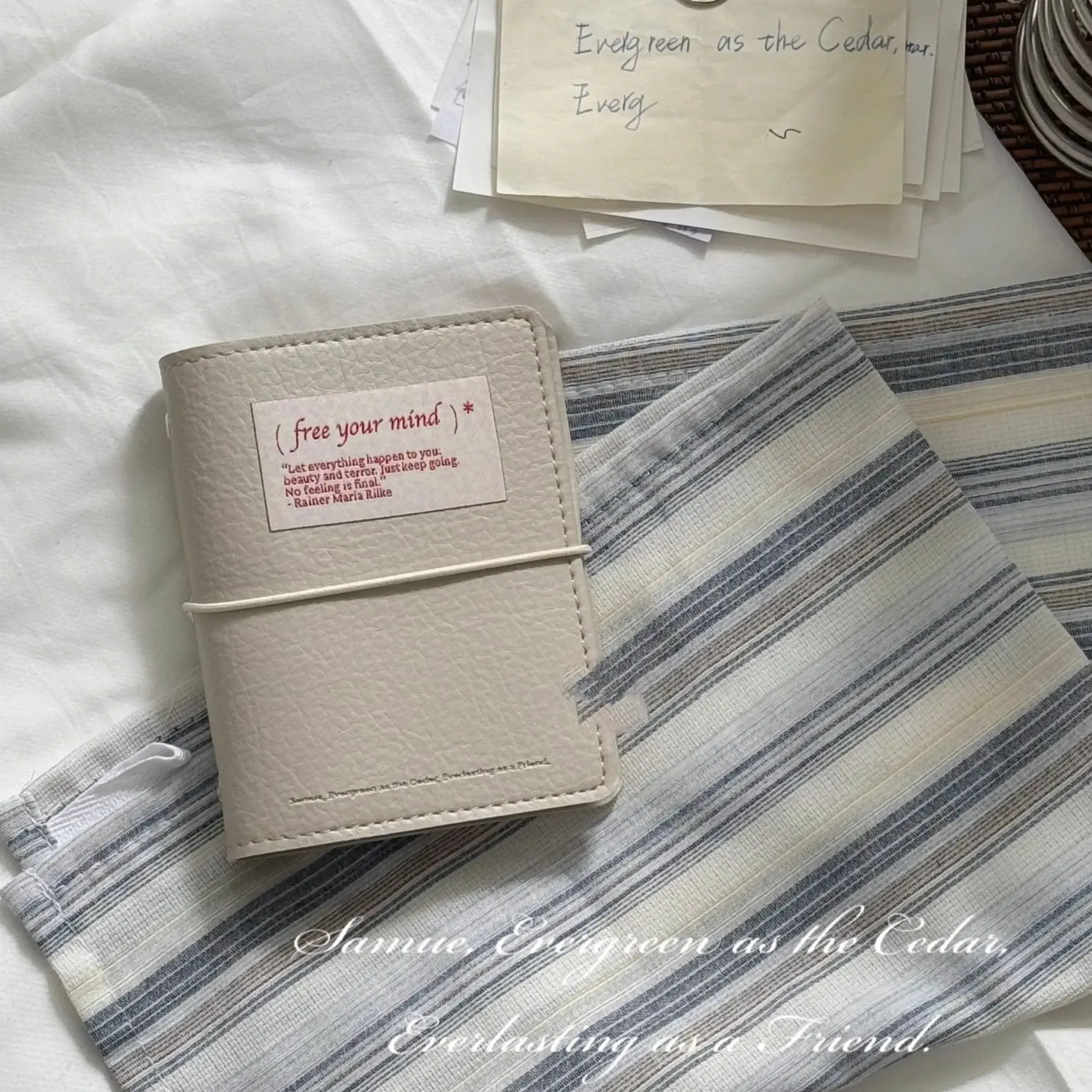 Minimalist M5 Leather Journal with Fabric Label | Colorful Collage Pocket Notebook, 60 Blank Sheets