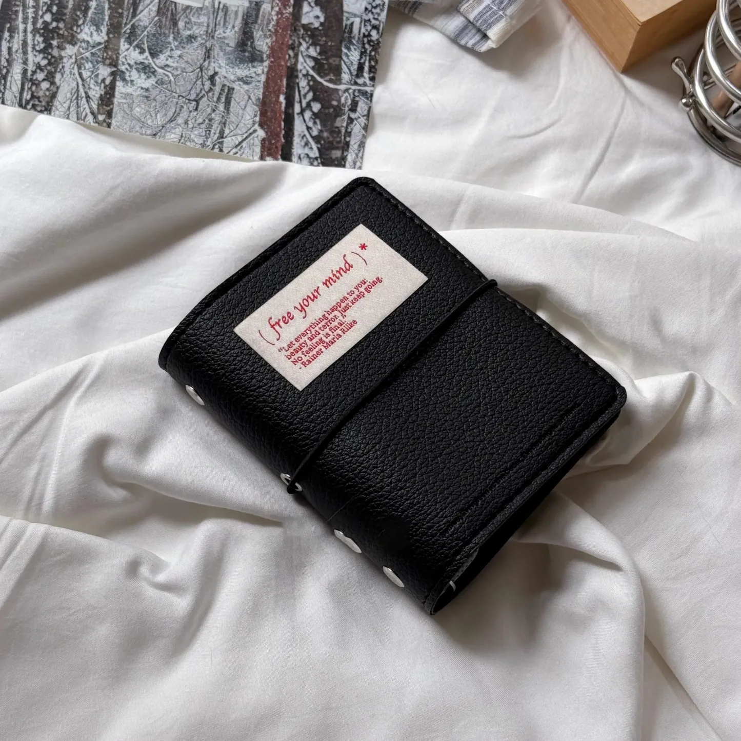 Minimalist M5 Leather Journal with Fabric Label | Colorful Collage Pocket Notebook, 60 Blank Sheets