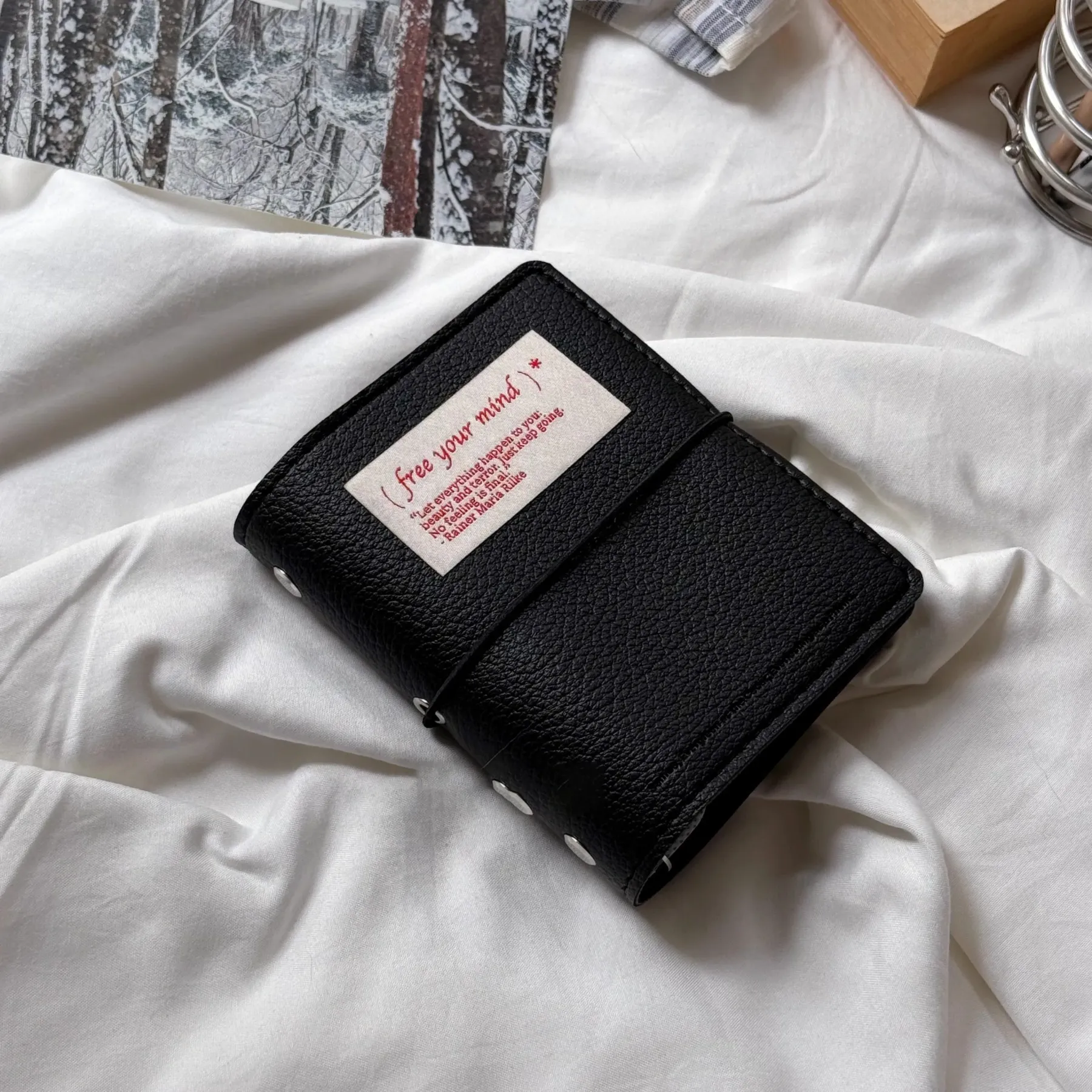 Minimalist M5 Leather Journal with Fabric Label | Colorful Collage Pocket Notebook, 60 Blank Sheets