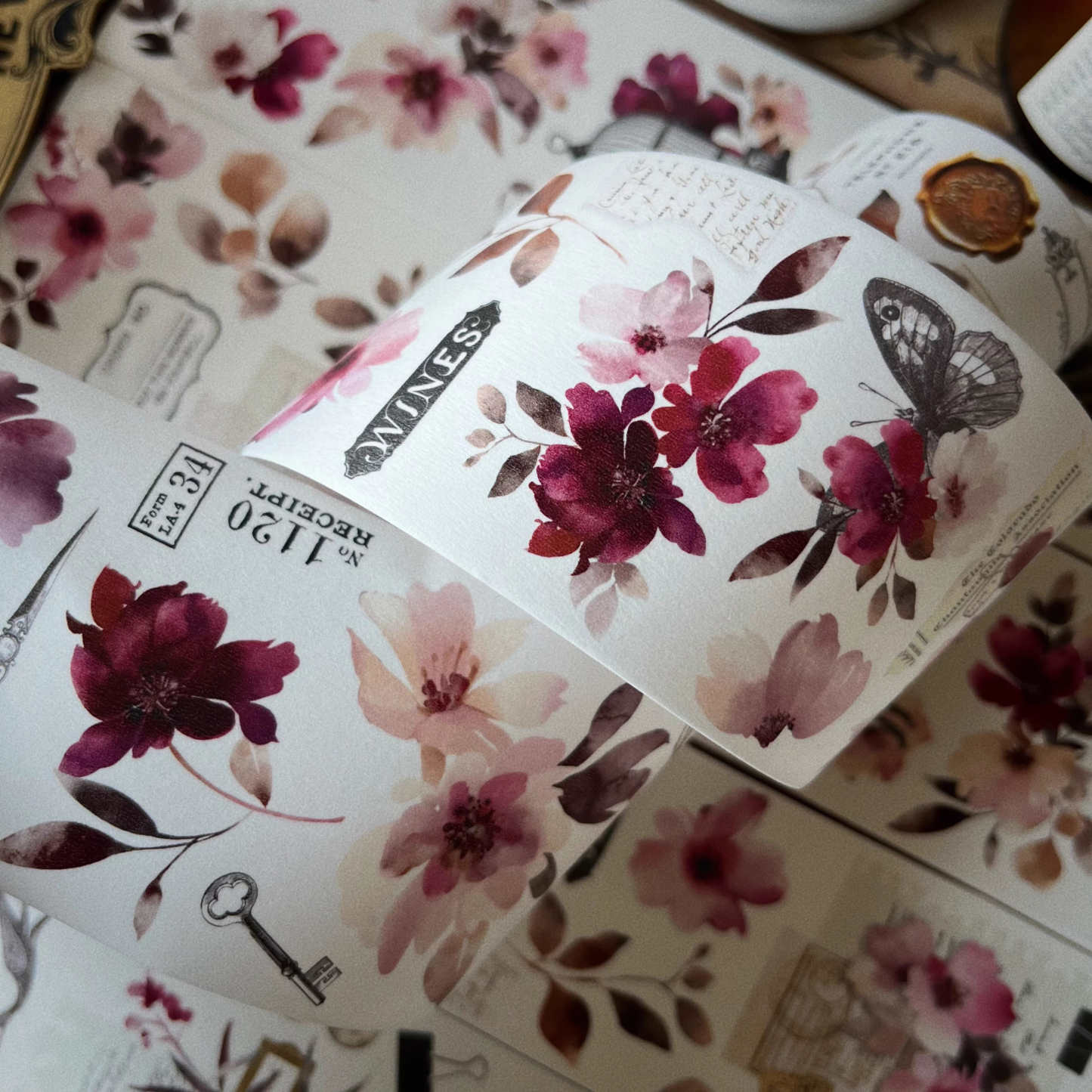 YIER Studio Red Vintage Butterfly Rose PET Washi Tape 2.36 inches * 236.22 inches