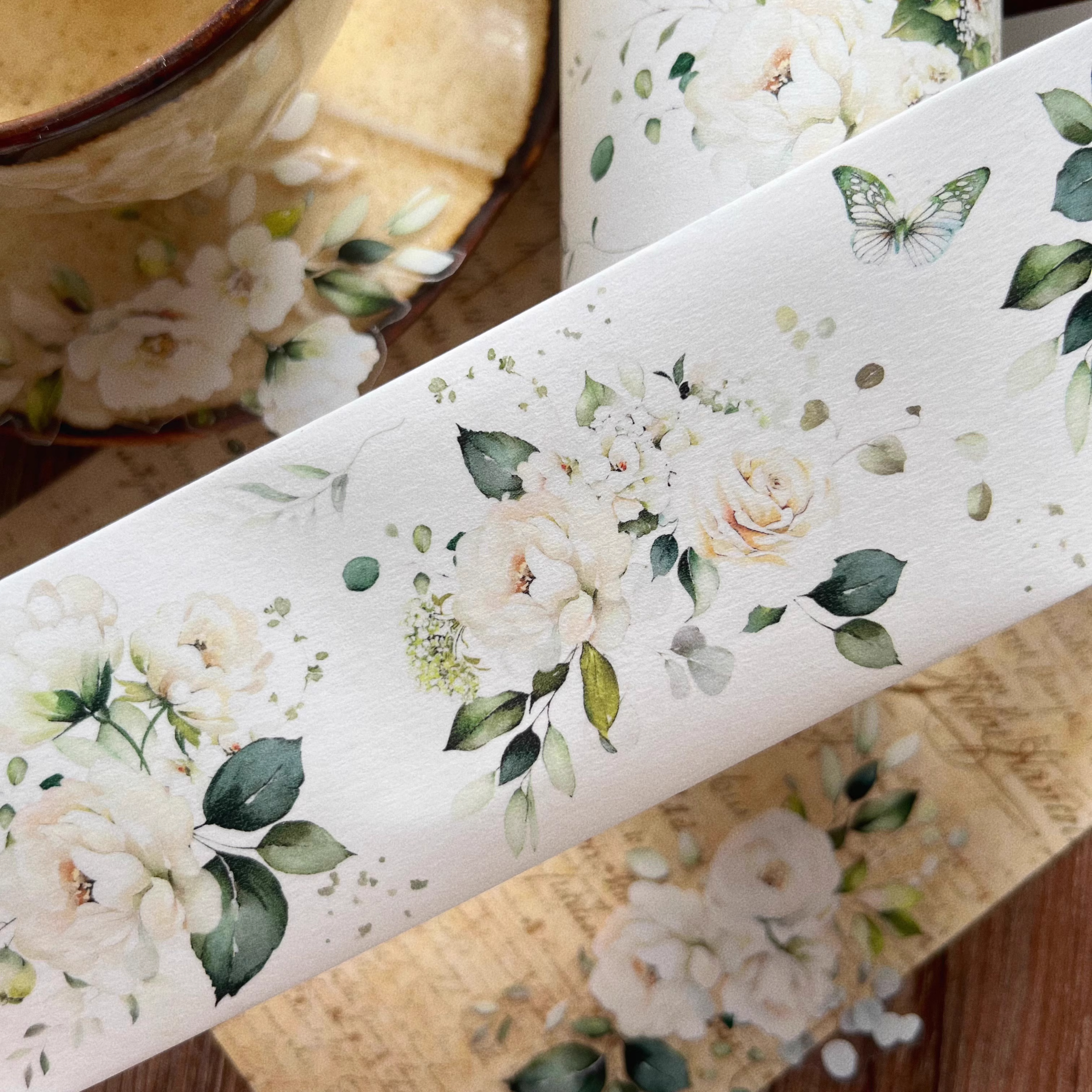 YIER Studio Beautiful White Rose PET Washi Tape 2.36 inches * 236.22 inches