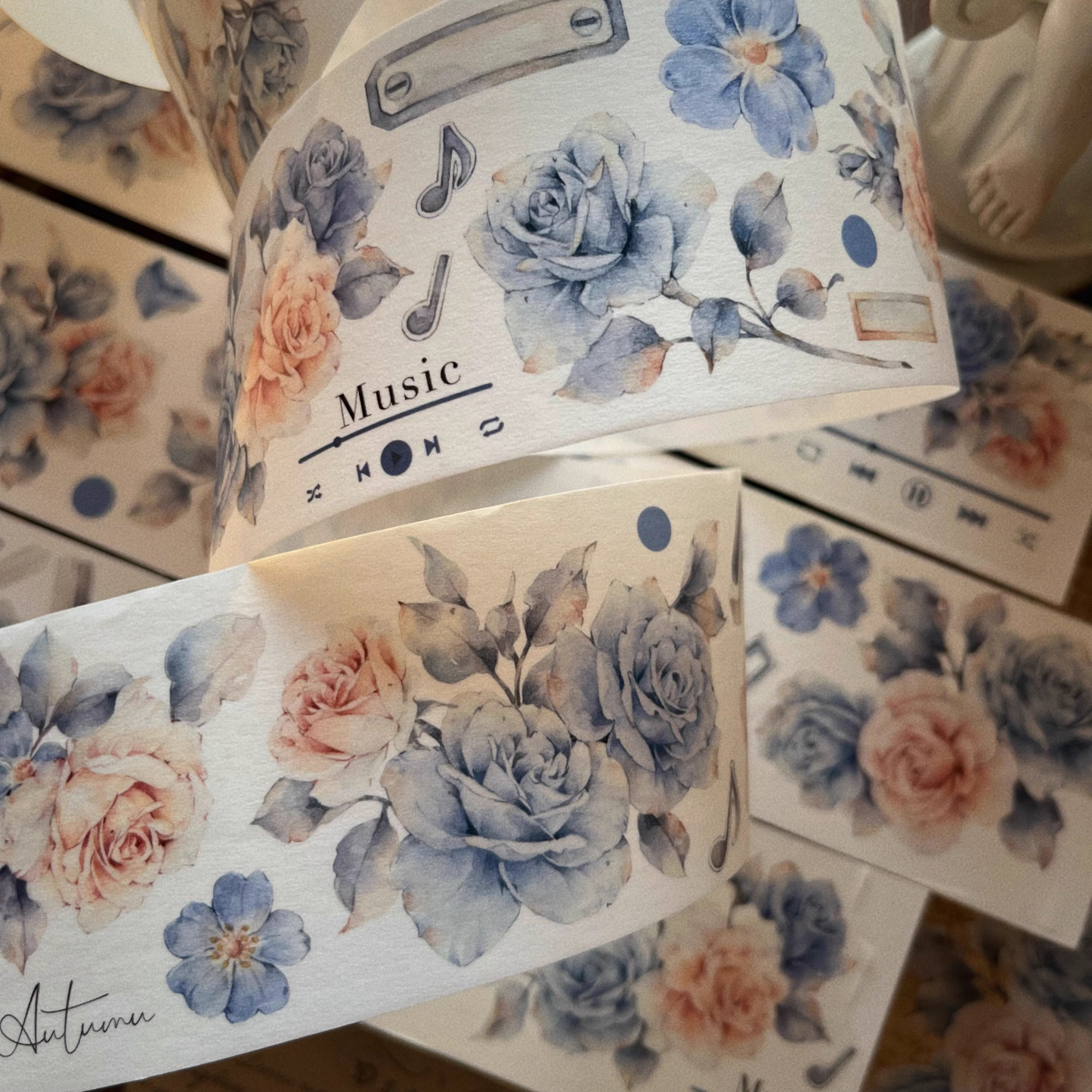 YIER Studio Vintage Blue Music Rose PET Washi Tape 2.36 inches * 236.22 inches