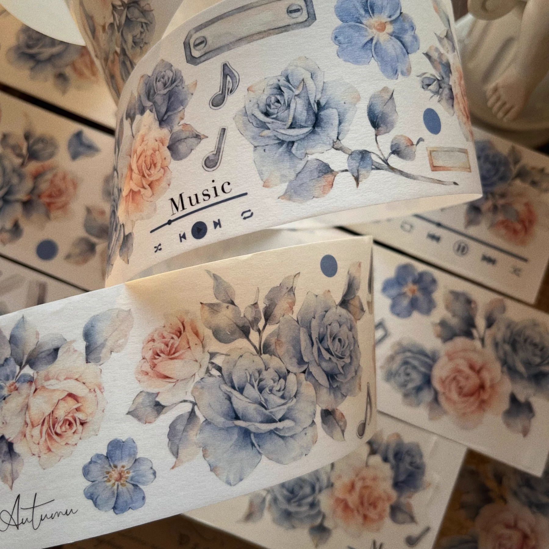 YIER Studio Vintage Blue Music Rose PET Washi Tape 2.36 inches * 236.22 inches