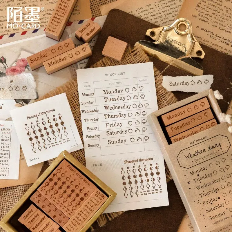 Date week month wooden stamp set