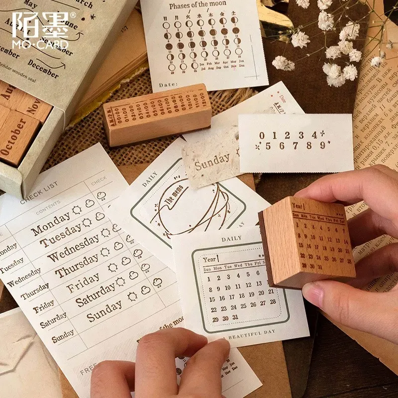 Date week month wooden stamp set