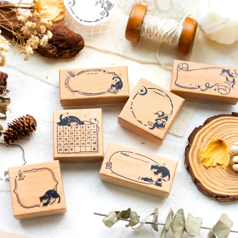 1Pcs Black Cat Wooden Rubber Stamp for Journal Scrapbooking Letter DIY Craft Card Making