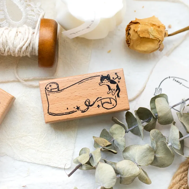 1Pcs Black Cat Wooden Rubber Stamp for Journal Scrapbooking Letter DIY Craft Card Making