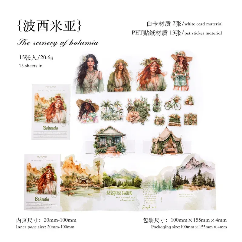 15pcs/1lot Summer Girls Travel Themed PET Stickers