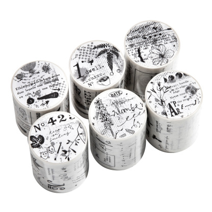 Vintage black and white plants phrases sulfuric acid paper background tape 1.97 inches * 78.74 inches