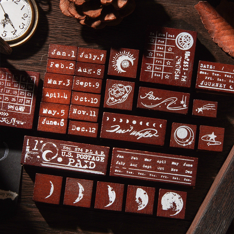 29Pcs/Box Moon Calendar Theme Wood Stamp Set