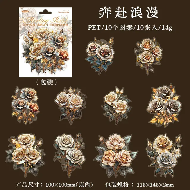 10pcs Large size rose flower PET Sticker