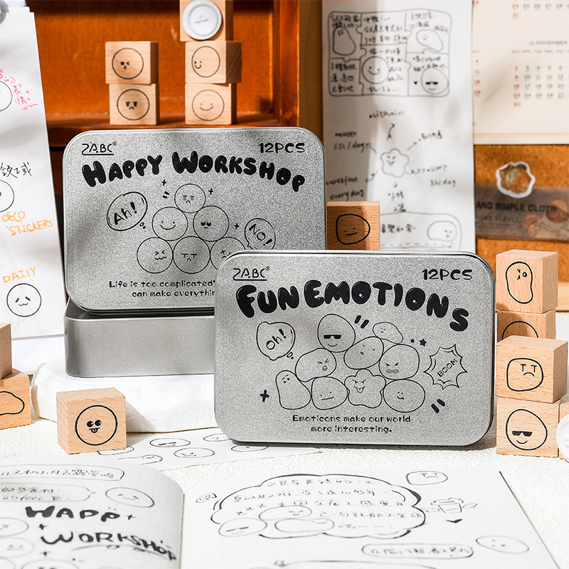 12Pcs Cute Emoji Theme Wooden Stamp