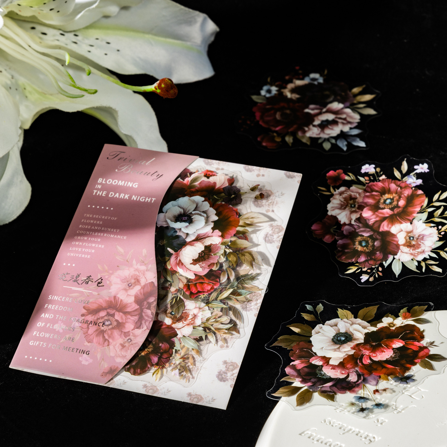 20Pcs/Book Pre-cut Dark Floral Theme PET Stickers