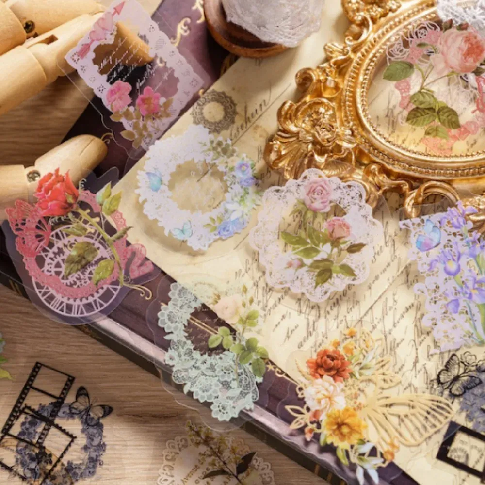 30pcs/pack Vintage Lace Floral White Ink Stickers Bag