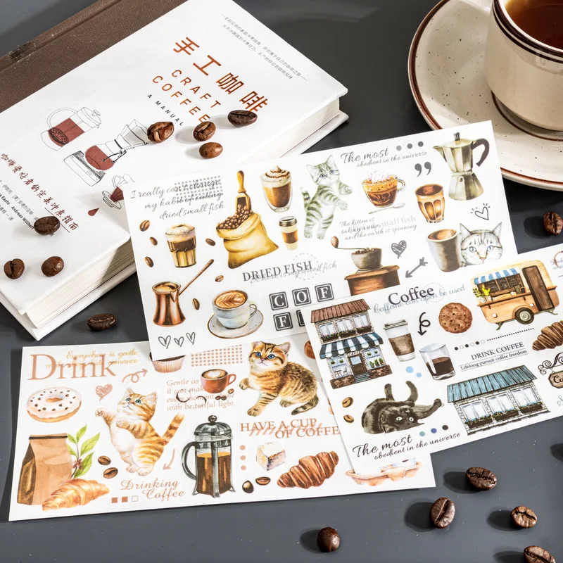 2pcs/1pack Coffee-Drinking Cat Stickers
