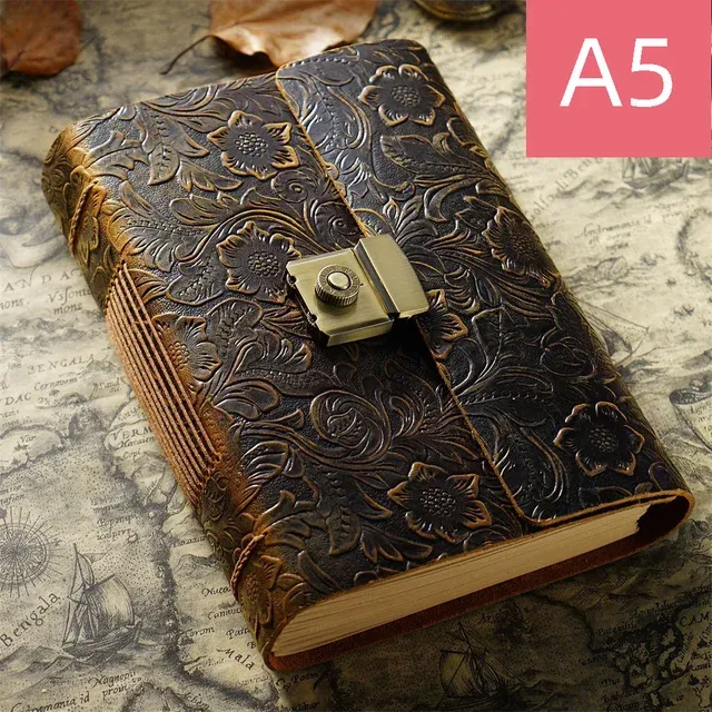 A5/A6/A7 Handmade Password Diary Genuine Leather Cover 400 Pages Thick Vintage Blank Kraft Paper
