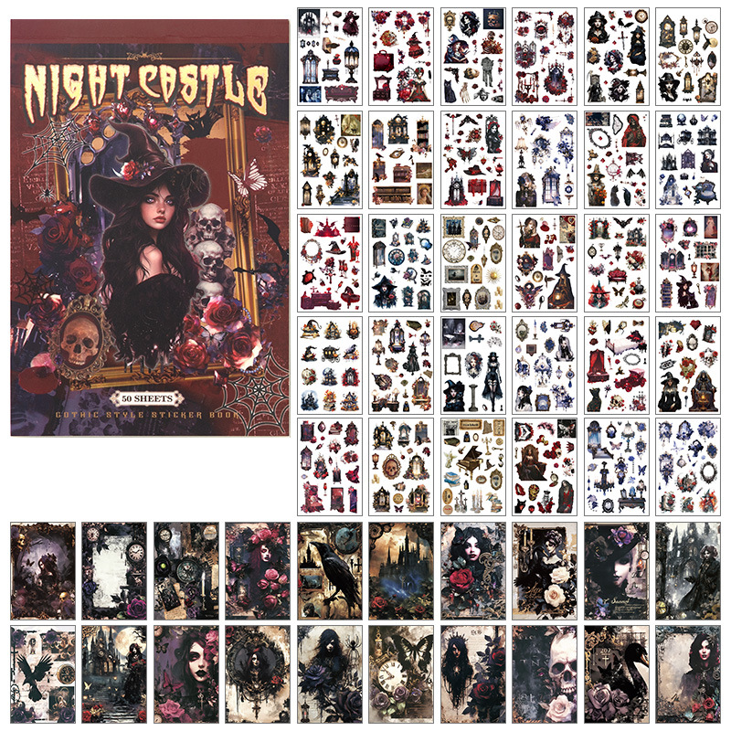 50Pcs/Pack Retro Witch Dark Castle Theme Sticker Book Washi&Paper