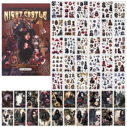 50Pcs/Pack Retro Witch Dark Castle Theme Sticker Book Washi&Paper