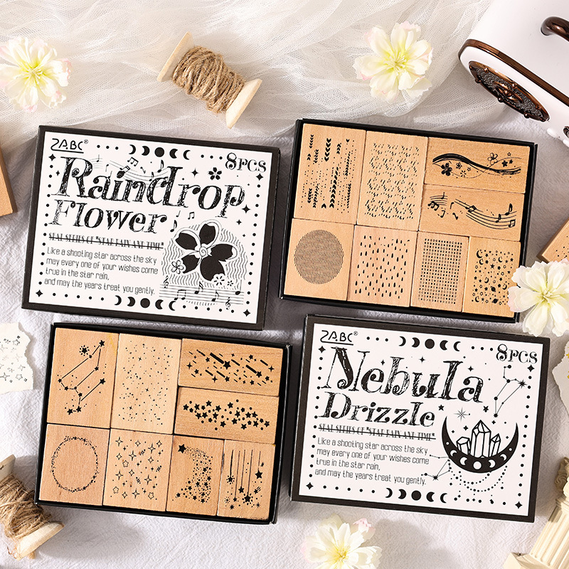 8Pcs/Box Meteor Star Theme Raindrop Theme Wood Stamp Set