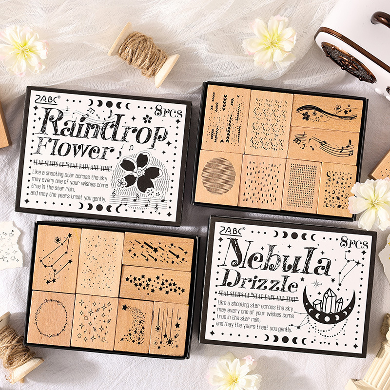 8Pcs/Box Meteor Star Theme Raindrop Theme Wood Stamp Set