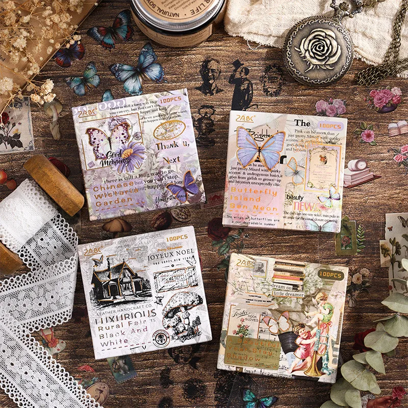 100 PCS Retro Large portion PET Stickers Box