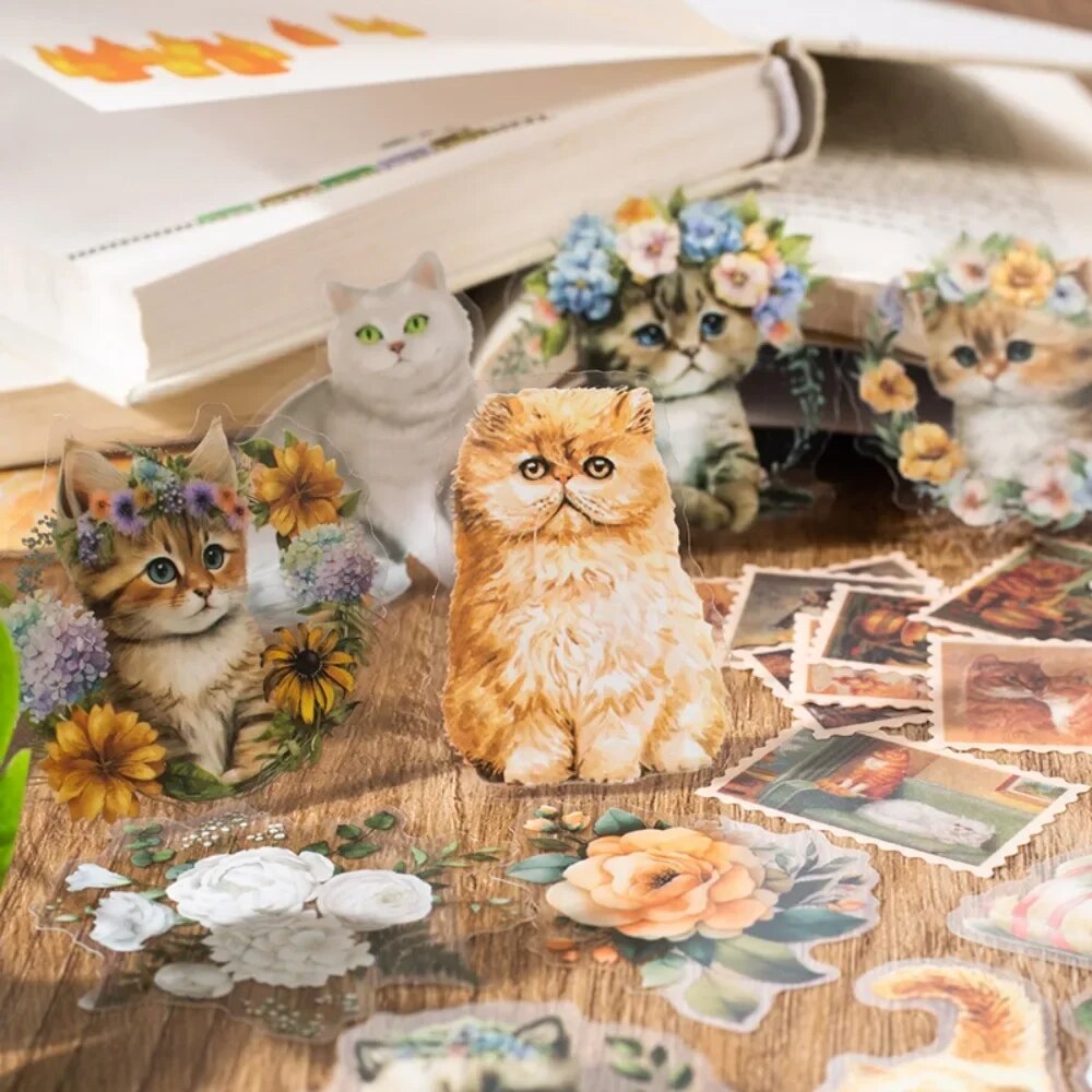 Vintage Cat Handbook Material Pack Flower Decoration Sticker