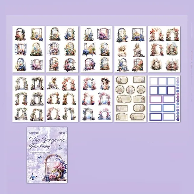 20Pcs illustrated flower, bird and landscape sticker book suitable for scrapbooking, diary and bullet journal