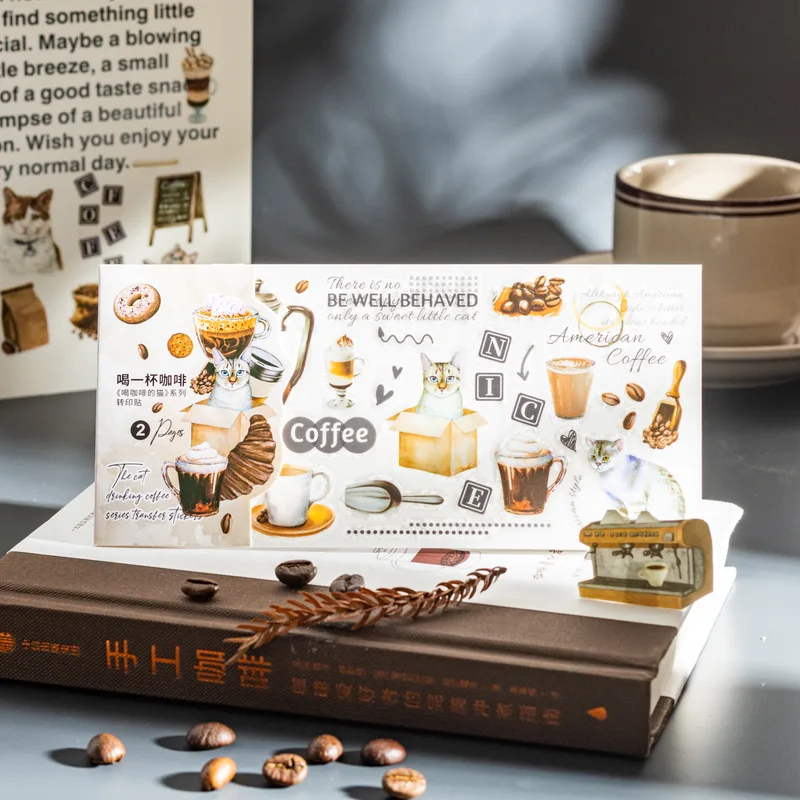 2pcs/1pack Coffee-Drinking Cat Stickers