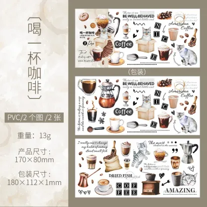 2pcs/1pack Coffee-Drinking Cat Stickers