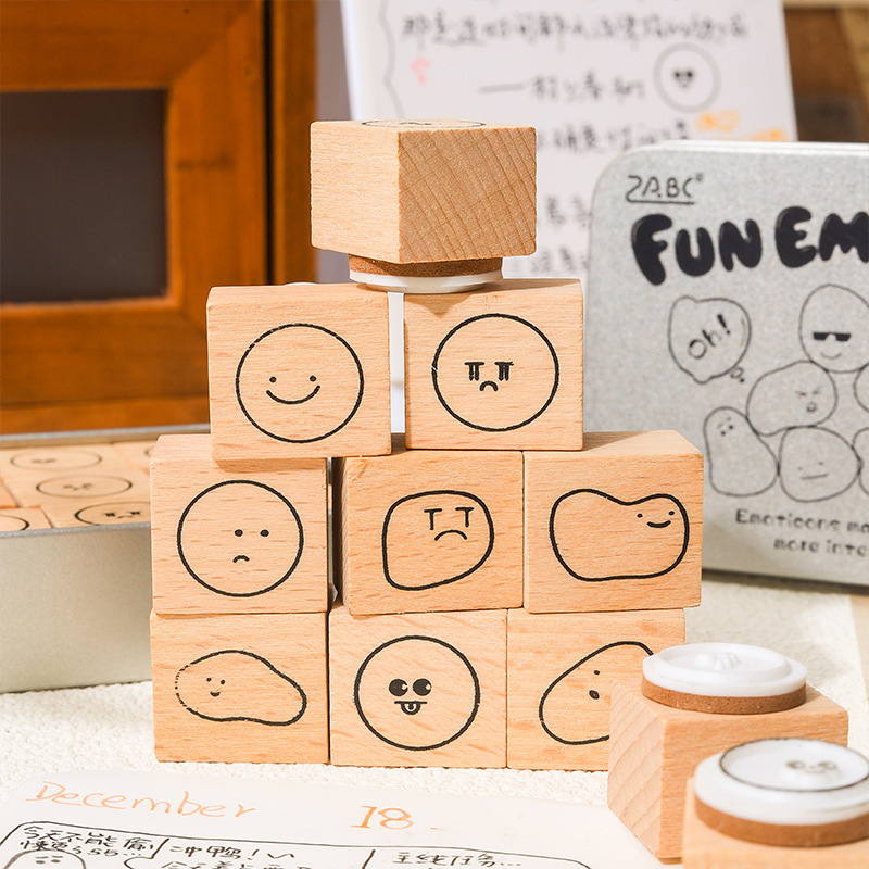 12Pcs Cute Emoji Theme Wooden Stamp