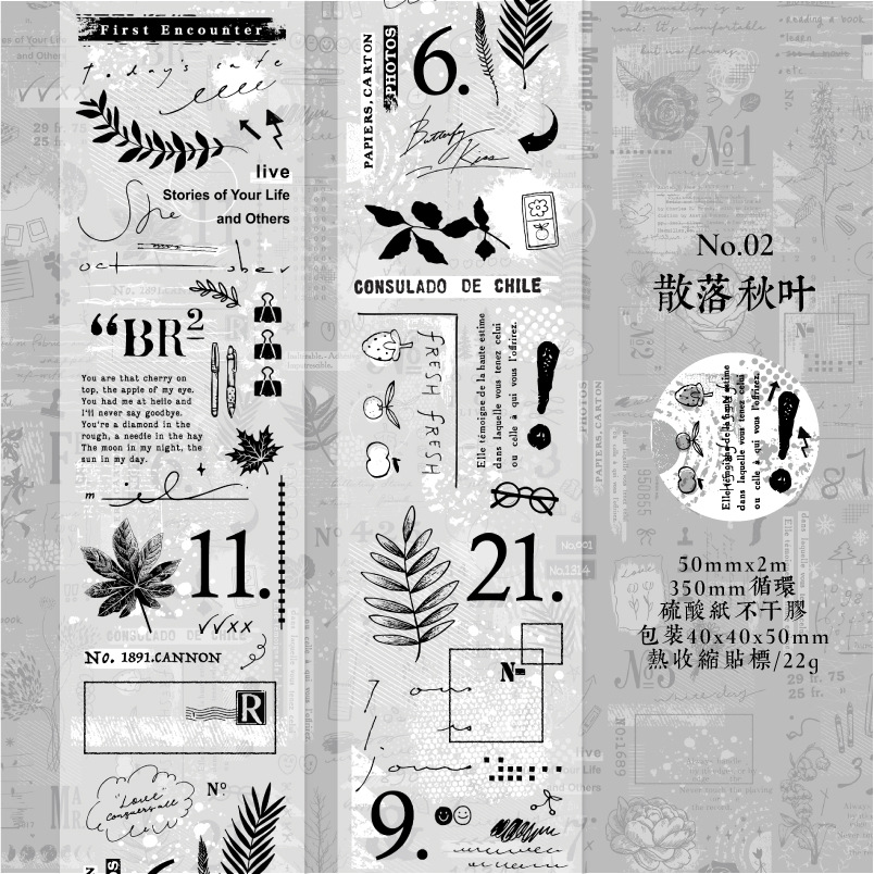 Vintage black and white plants phrases sulfuric acid paper background tape 1.97 inches * 78.74 inches