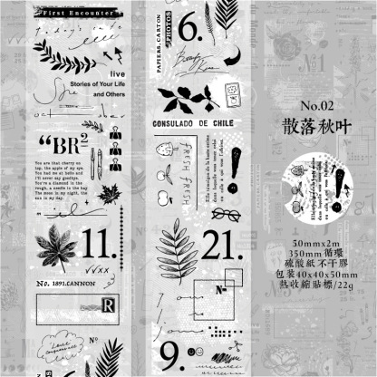 Vintage black and white plants phrases sulfuric acid paper background tape 1.97 inches * 78.74 inches
