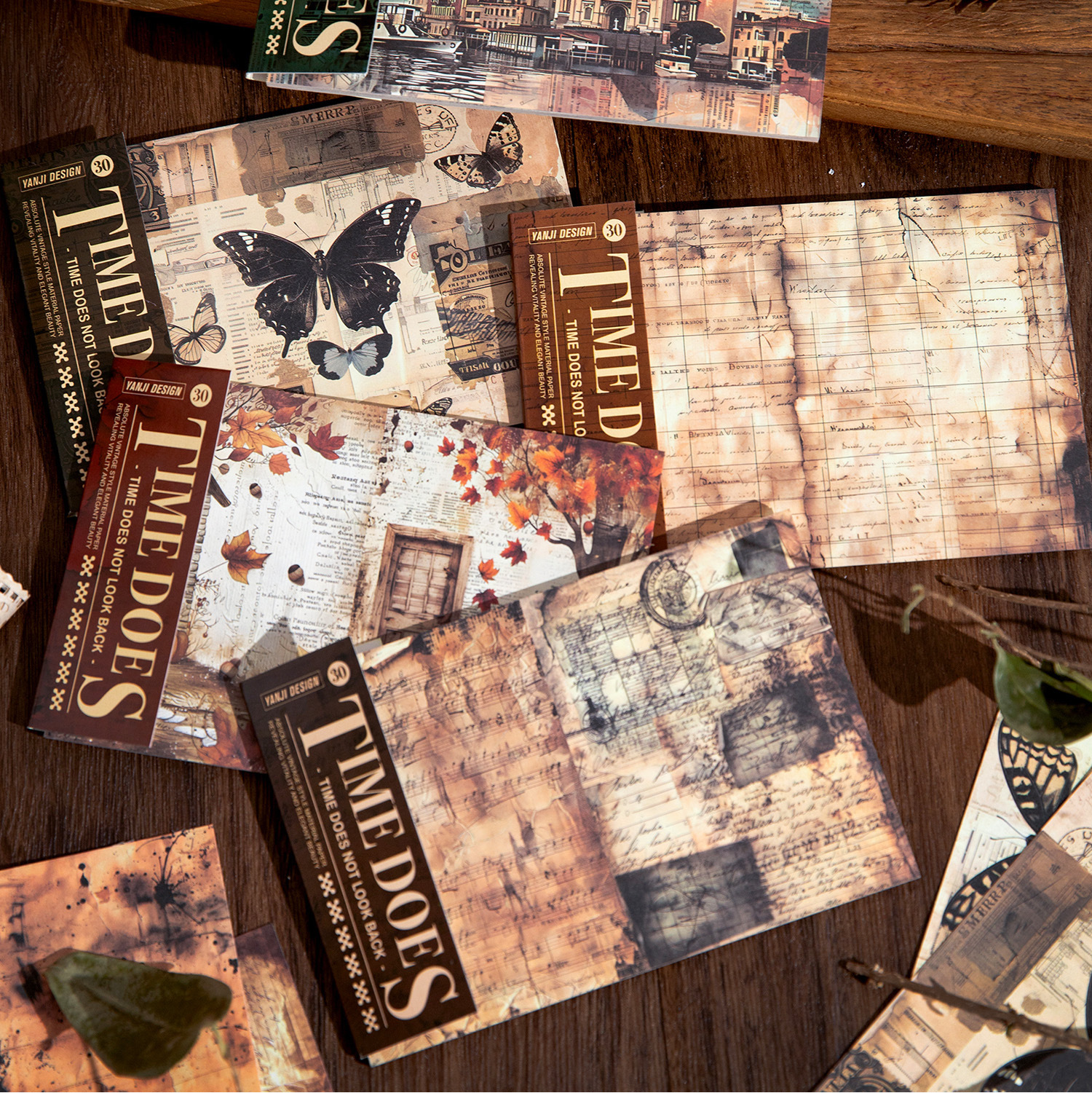 30Pcs/Pack Vintage Tearable Butterfly Landscape Kraft Paper Background Scrapbook Paper