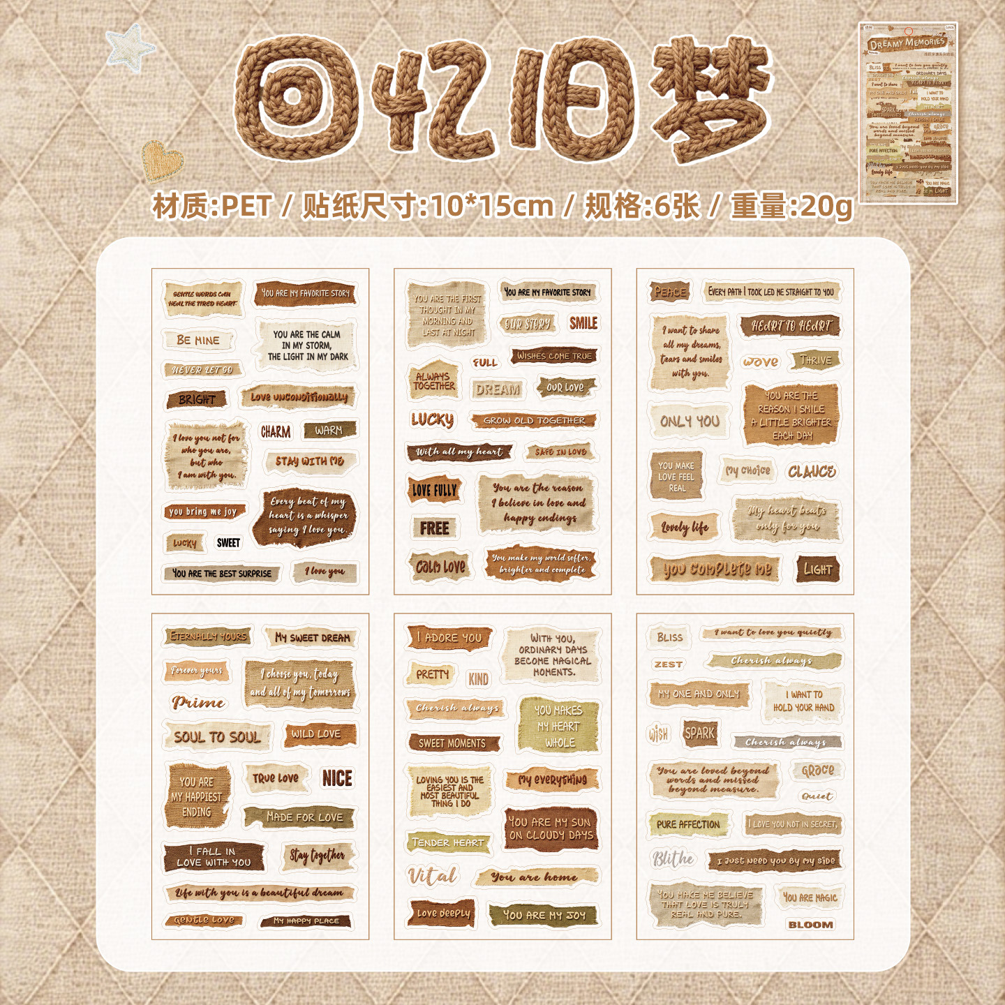 6-Piece Set of English-Text PET Stickers