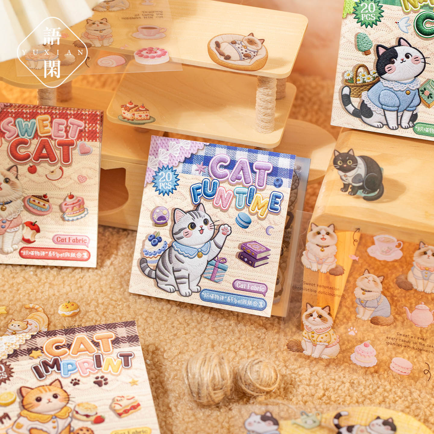 20-Piece Embroidered Cat PET Square Sticker Book